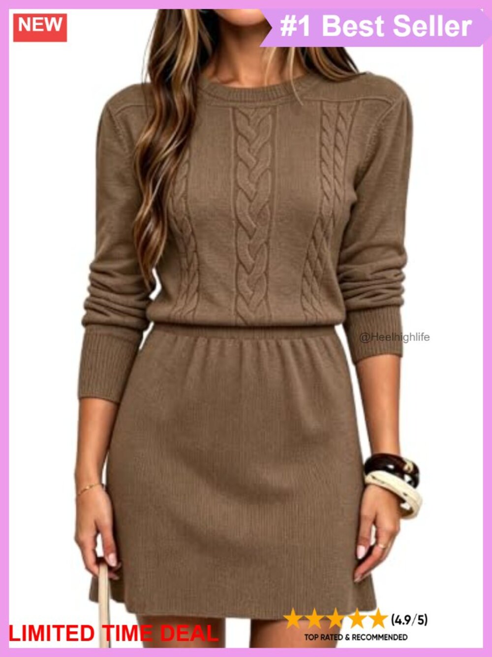 Cable Knit Sweater Dress Long Sleeve A-Line Mini Fall Winter